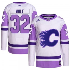 Dustin Wolf Calgary Flames Adidas Authentic Hockey Fights Cancer Primegreen Jersey (White/Purple)